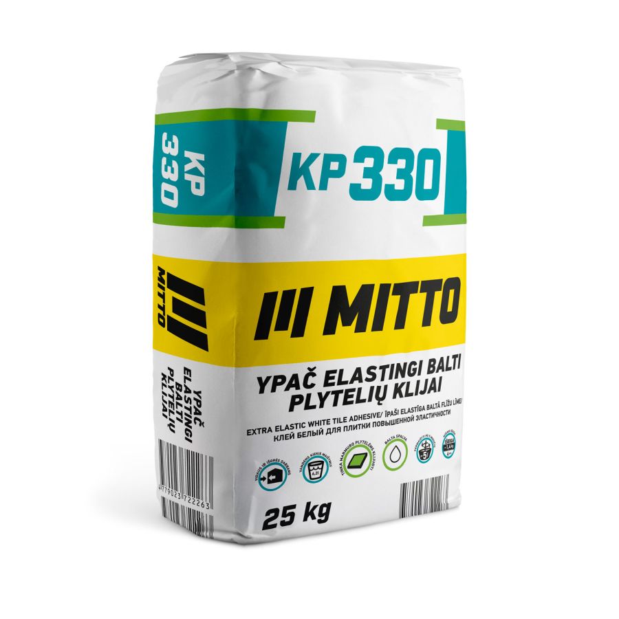 Plytelių klijai MITTO KP330, ypač elastingi, balti, 25 kg