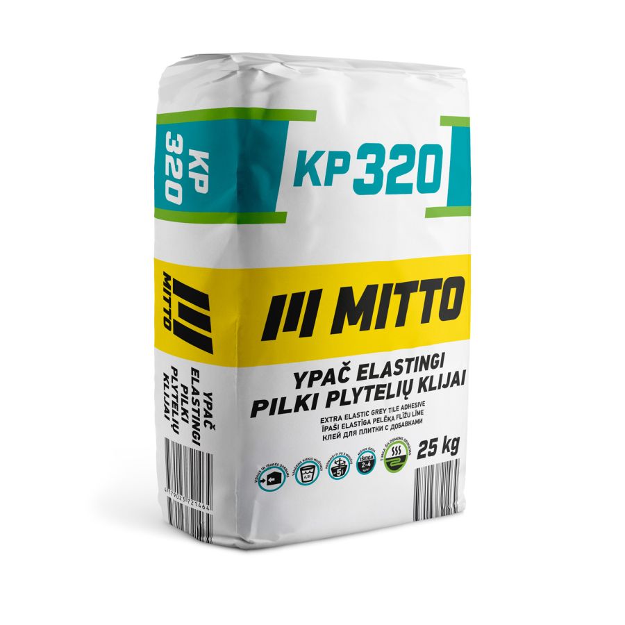 Plytelių klijai MITTO KP320, ypač elastingi, pilki, 25 kg